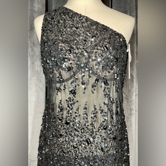 Mac Duggal 10977 | Black One Shoulder | Sheer Hand Beaded | Mini Dress | Size 12 - Picture 3 of 7